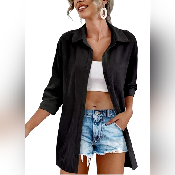 zeagoo Tops - $6 If Bundled | 3/4 Linen Top | Black | Oversized Small